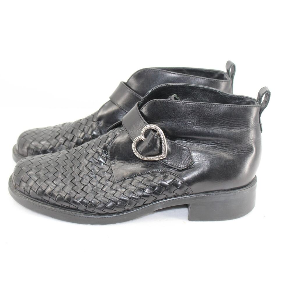 Brighton Krista Woven Leather Ankle Boots Booties Heart Buckle Black Women's 8.5